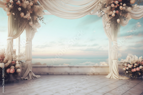 A wedding stage with a view of the sea and the word love on it