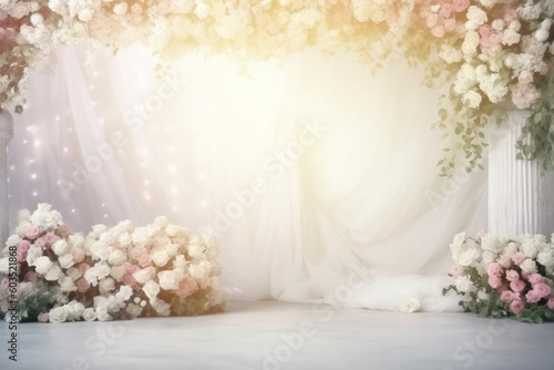 A white and pink floral backdrop with a white backdrop and a bouquet of flowers.