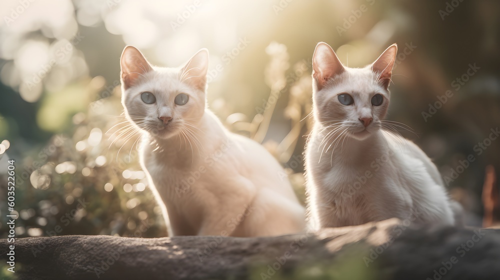 cute beautiful young cats, backlit, outdoors in the garden among flowers, greeting card, AI generated cute beautiful young cats, backlit, outdoors in the garden among flowers, greeting card, AI generated