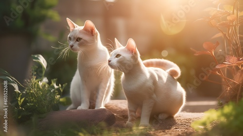cute beautiful young cats, backlit, outdoors in the garden among flowers, greeting card, AI generated © shustrilka