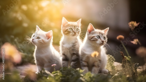 cute beautiful young kittens, backlit, outdoors in the garden among flowers, greeting card, AI generated