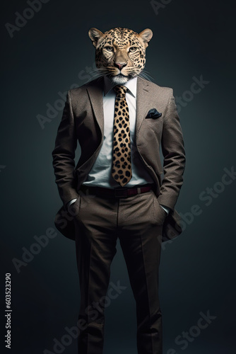 Cute leopard wearing trendy business suit. Fashion animal concept. Digital illustration. Generative AI