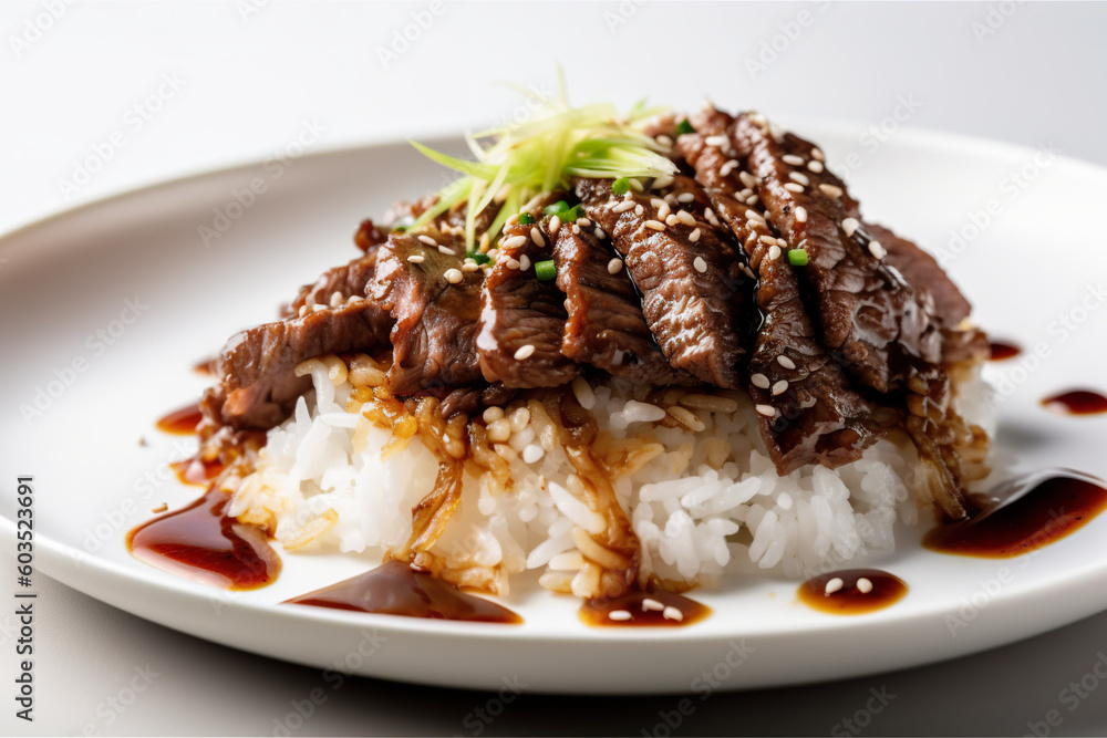 Bulgogi: Marinated grilled beef served with rice, generative AI Korean dish Bulgogi: Marinated grilled beef served with rice, generative AI Korean dish