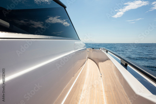 Vászonkép yacht prow view on board on the sea