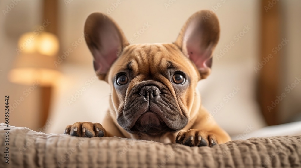 French Bulldog lying on a bed, portrait of bulldog, happy, cute, playful and funny look - Generative AI French Bulldog lying on a bed, portrait of bulldog, happy, cute, playful and funny look - Generative AI