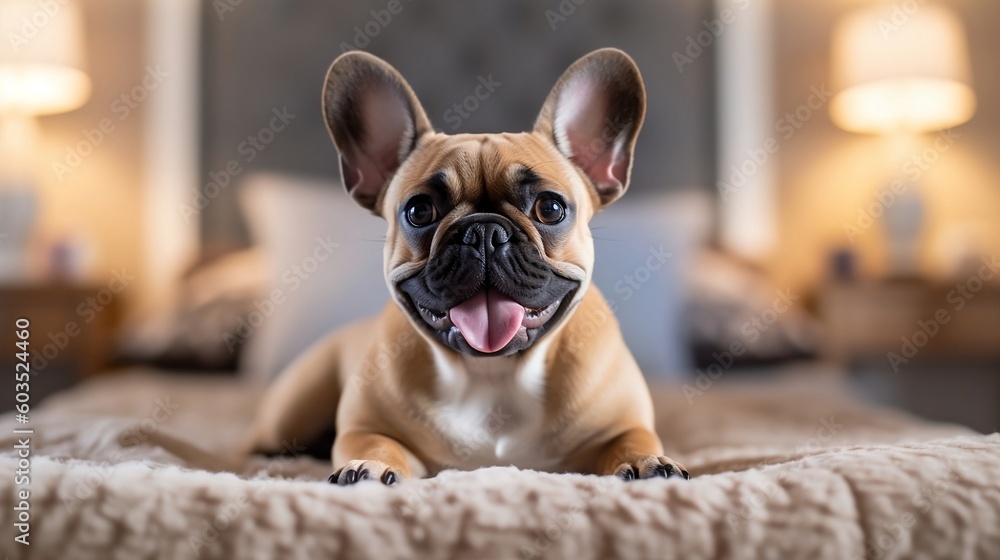 French Bulldog lying on a bed, portrait of bulldog, happy, cute, playful and funny look - Generative AI
