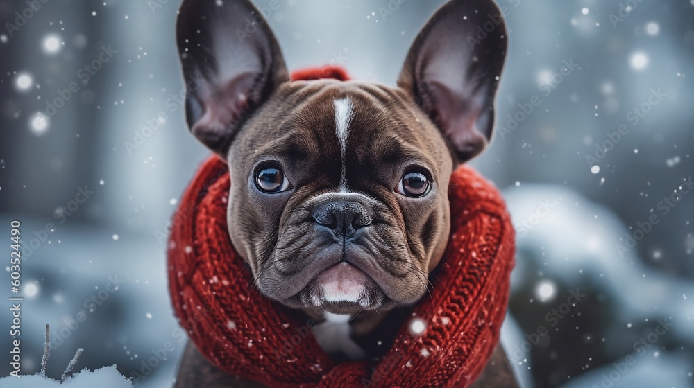 Frensh Bulldog wearing a scarf on a snowy background, portrait of bulldog, happy, cute, playful and funny look - Generative AI