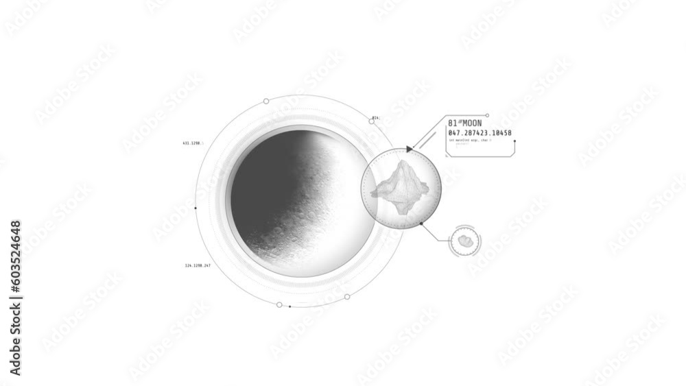 HUD element - rotating Moon with scientific infographics. HUD element - rotating Moon with scientific infographics.