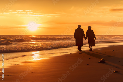 Two people walking on a beach at sunset. Generative AI. © Friedbert