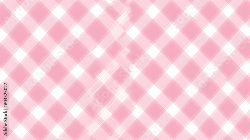Seamless diagonal gingham plaid pattern in pastel rosy pink and white. Contemporary light barbiecore striped checker fashion background texture. Baby girl's trendy tartan textile or nursery wallp