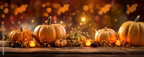 Festive autumn decor of pumpkins  on wooden table. Wide banner concept of Thanksgiving day or Halloween  generative ai