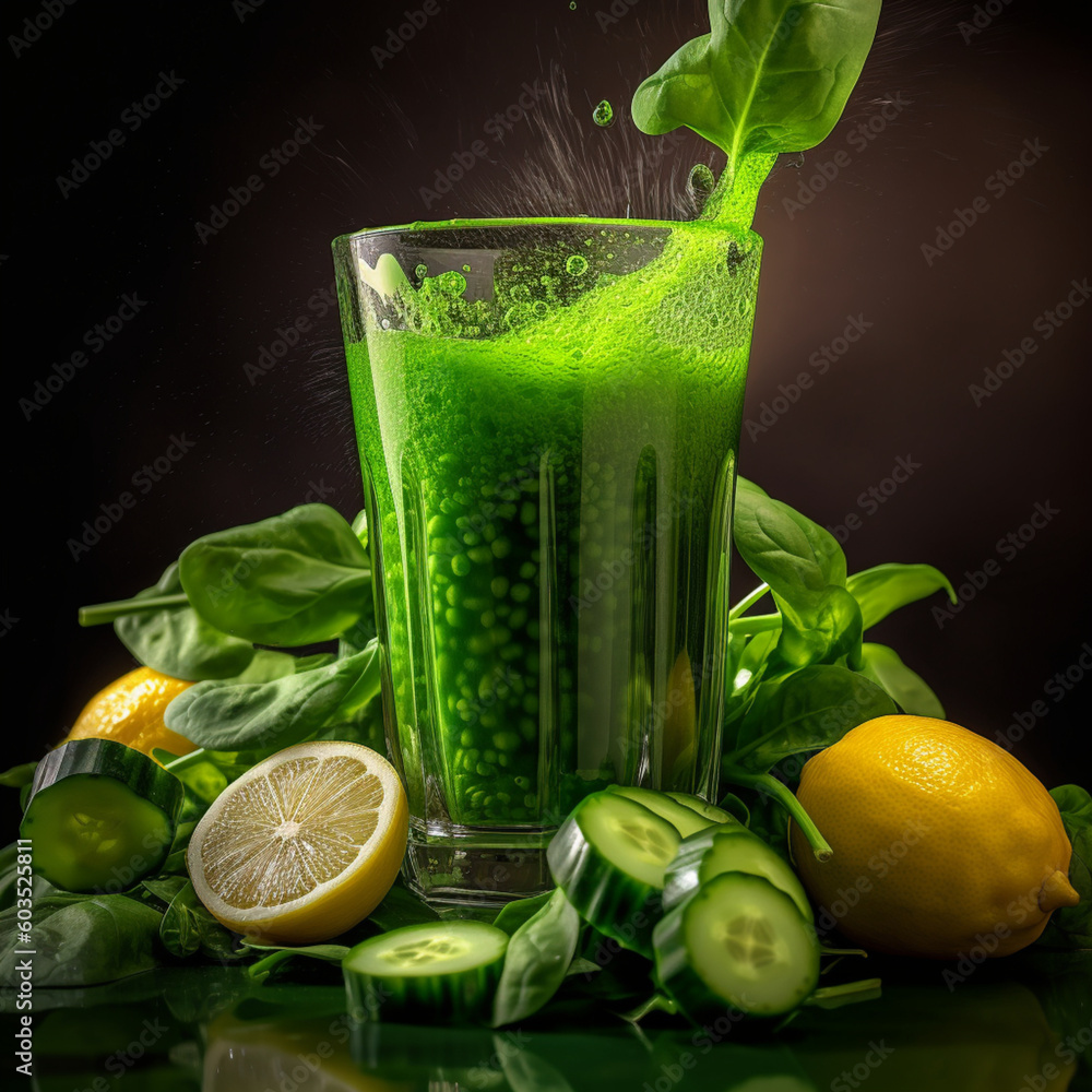 A green liquid detox is pouring into a glass with green liquid. A green liquid detox is pouring into a glass with green liquid.