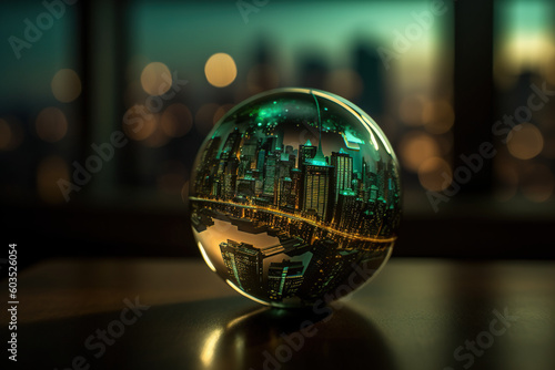 A crystal ball sitting on top of a table. AI generative image of city skyline at night reflected in the ball. Emerald green and yellow light, toned image.