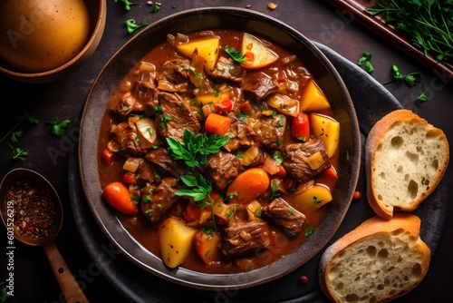 a bowl of delicious meat stew with potatoes and carrots. Generative AI