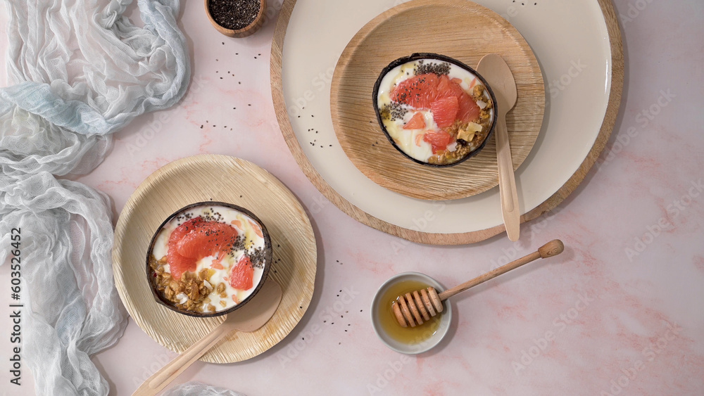 Yogurt with grapefruit, granola, chia and honey Yogurt with grapefruit, granola, chia and honey