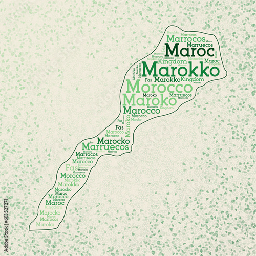 Morocco shape with country names word cloud in multiple languages. Morocco border map on cool triangles scattered around. Neat vector illustration.