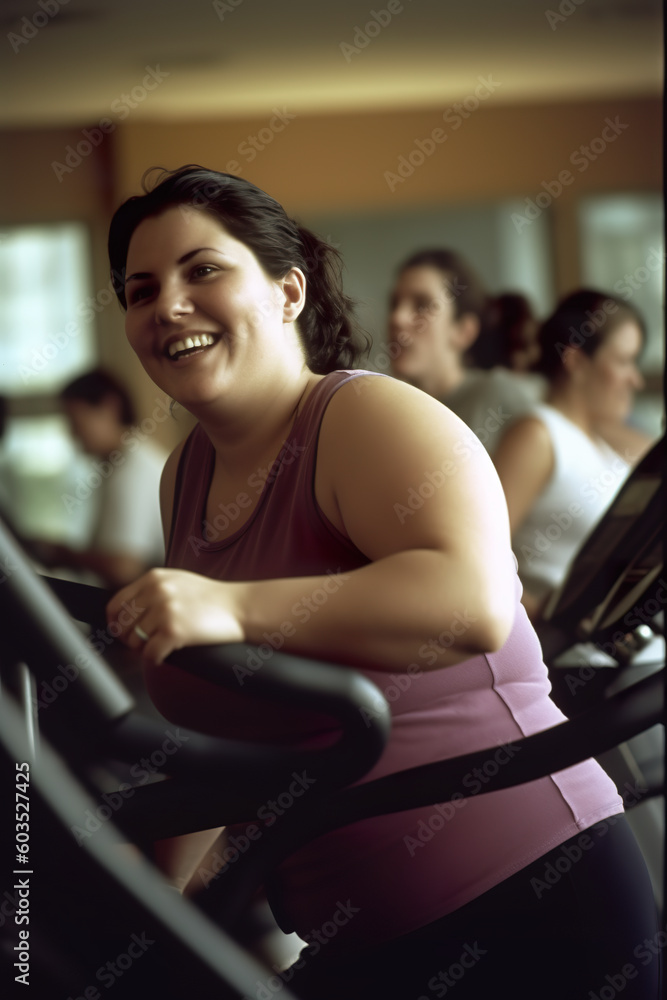 A woman is smiling while riding a stationary bike. Generative AI.