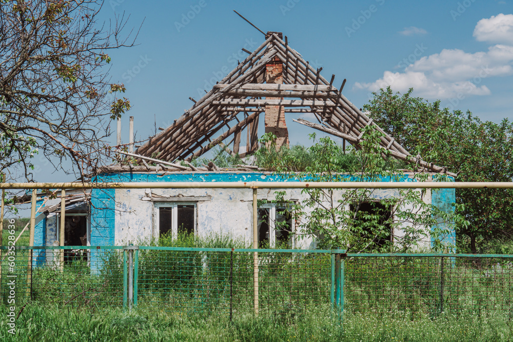 Countryside. House destroyed by shelling. War in Ukraine. Russian invasion of Ukraine