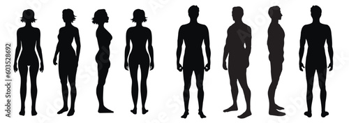 Body full length silhouettes of a man and woman, front, side, 3-4 and back view, vector  illustration 