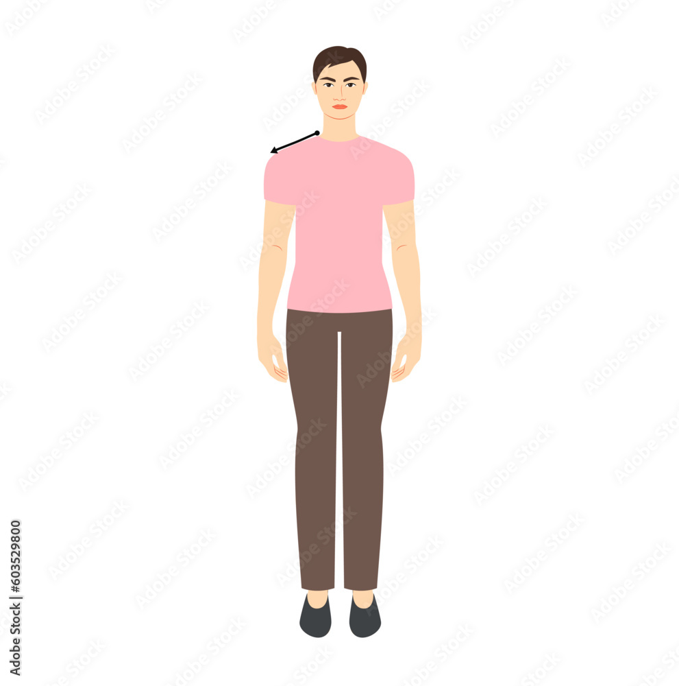 Men to do shoulder measurement body with arrows fashion Illustration for size chart. Flat male character front 8 head size boy in pink shirt. Human gentlemen infographic template for clothes