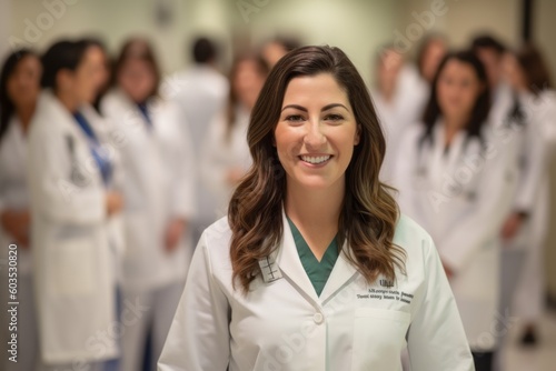 Group portrait photography of a cheerful doctor in her 30s wearing a scrub or lab coat with doctors nurses therapists. Generative AI