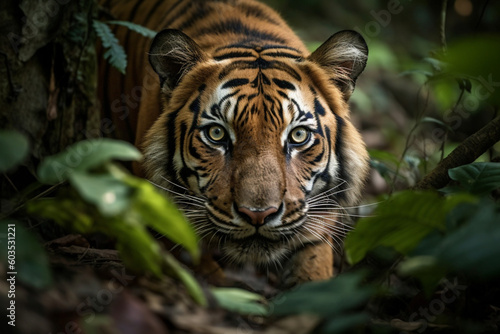 Tiger Close-Up (Panthera tigris): Intense Stare and Unique Stripes, Created with Generative AI Technology