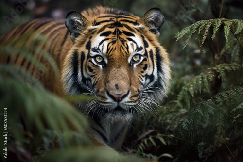 Tiger Close-Up (Panthera tigris): Powerful Stride and Unique Stripes in Dense Undergrowth, Created with Generative AI Technology