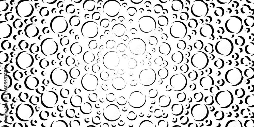 Black and white round circles background. Abstract geometric shape backdrop. Modern white abstract vector texture.