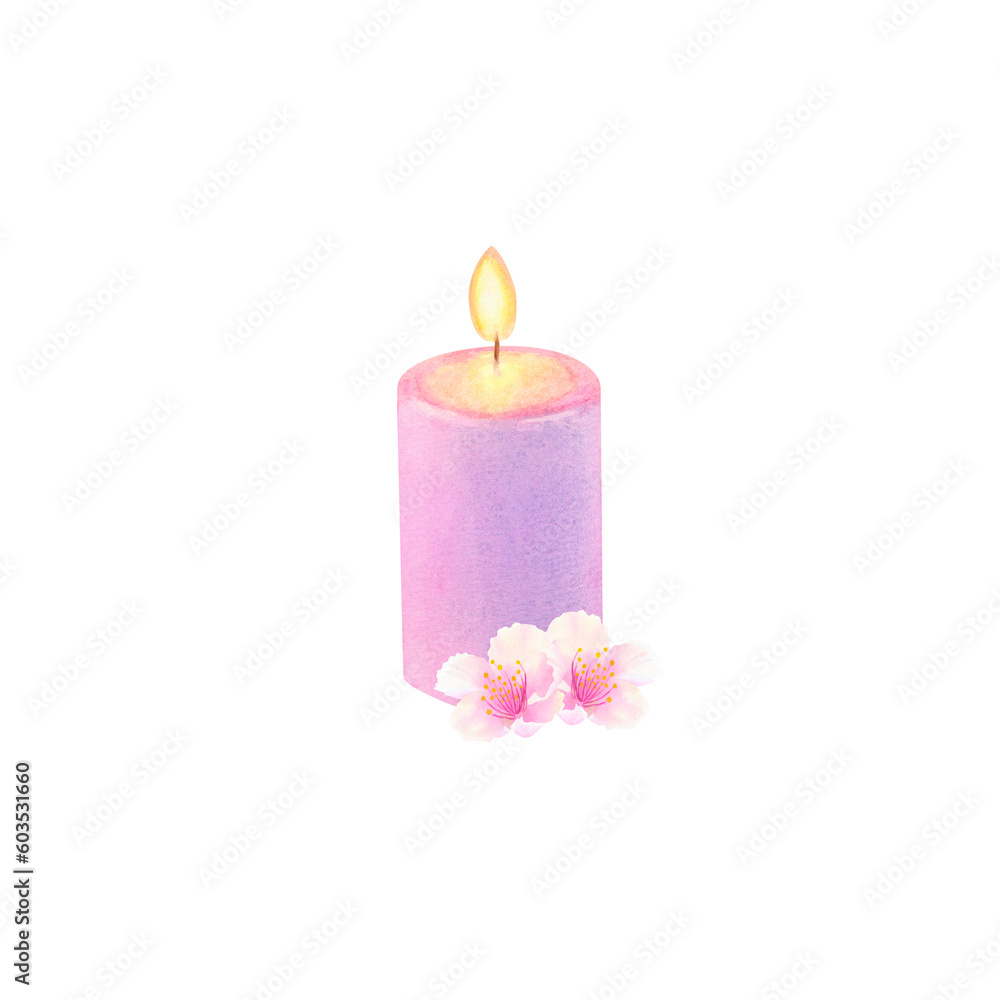 Burning purple candle with flowers isolated on transparent background. Watercolor hand drawn illustration. Burning purple candle with flowers isolated on transparent background. Watercolor hand drawn illustration.