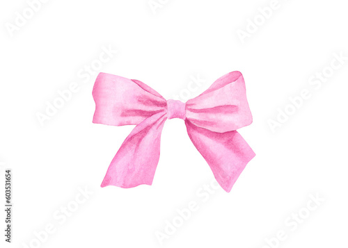 Watercolor pink bow isolated on transparent background. Hand-drawn illustrations.