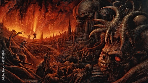 fiery surreal demon hell scape, ominous frightening landscape, Generative AI