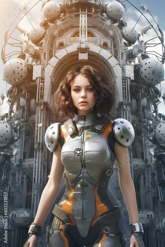 A exoskeleton woman made of Higgs bosons armored in powerd armor composed of tachyons stands in front of a building. generative AI photo