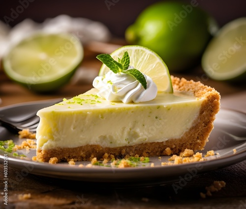 A piece of graham cracker-crusted  creamy  tart key lime pie. Generative AI