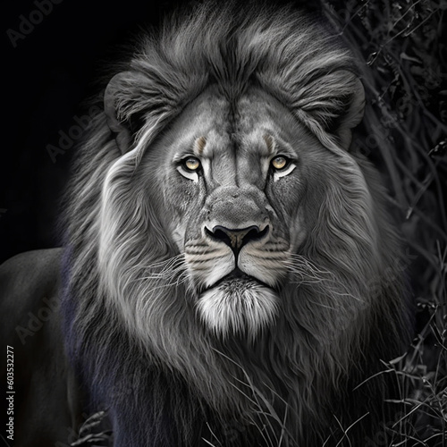 Duotone Lion  Panthera leo   Striking Golden Highlighted Eyes in Monochromatic Surroundings  Created with Generative AI Technology