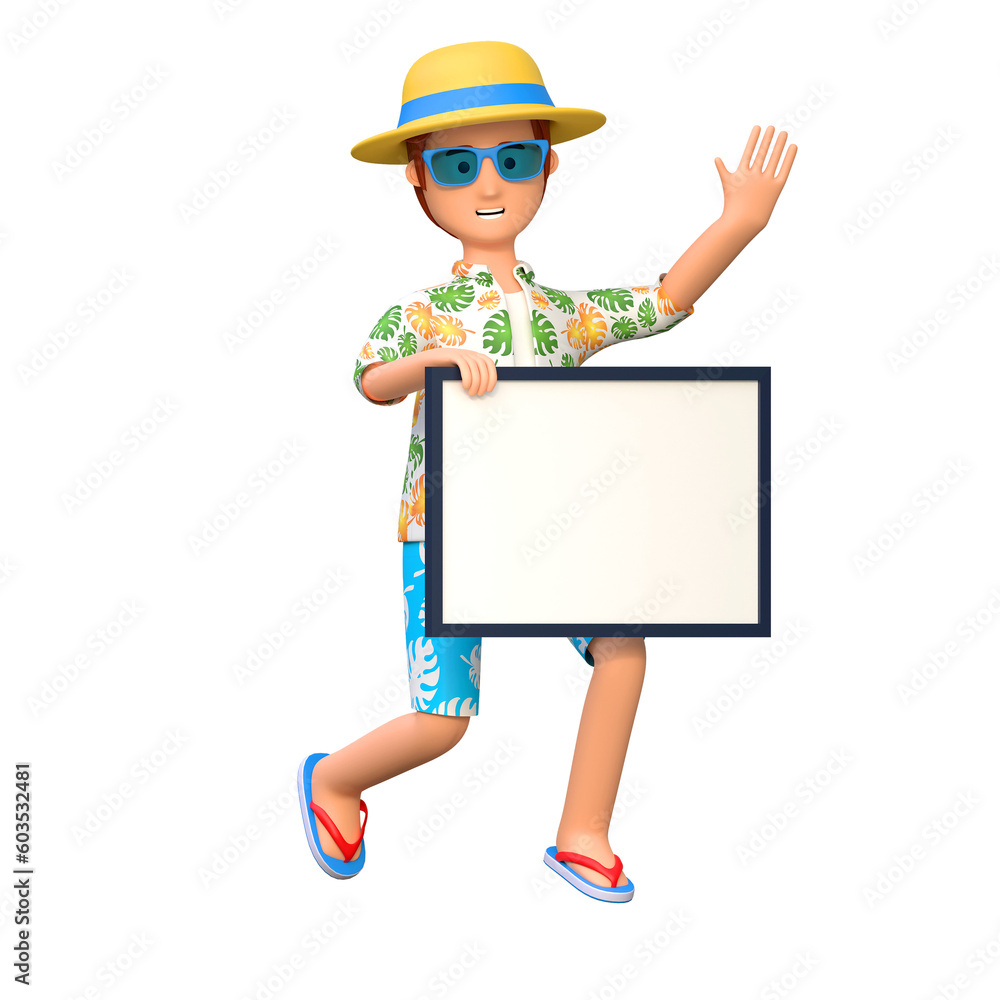 young man traveler holding white board in summer holiday 3D cartoon character illustration
