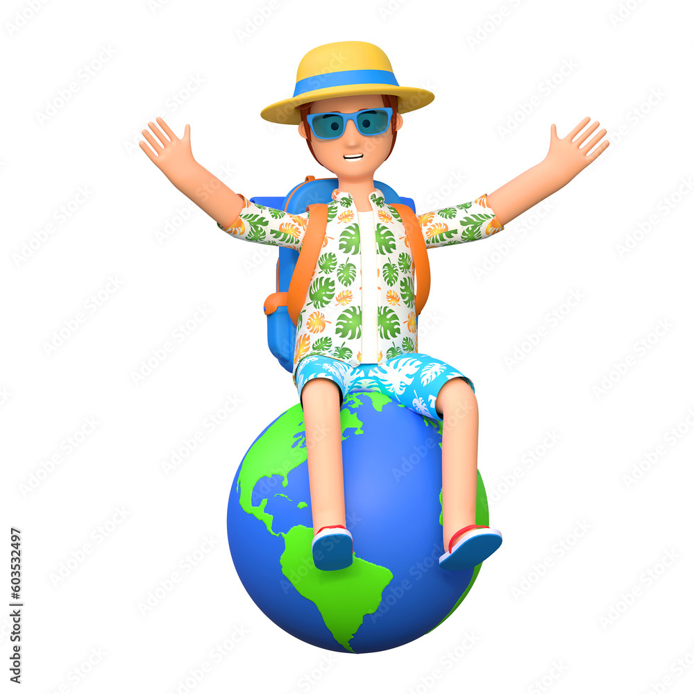 young man traveler sitting above globe in summer holiday 3D cartoon character illustration young man traveler sitting above globe in summer holiday 3D cartoon character illustration