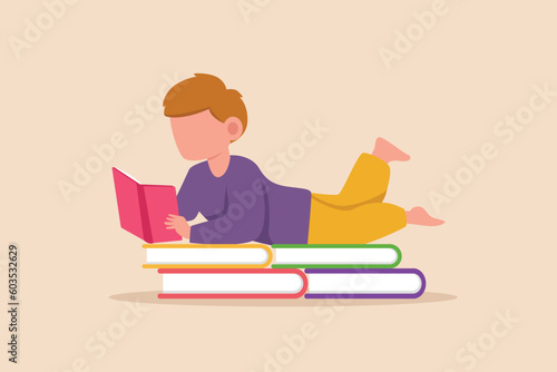 Happy student reading book at leisure time. Book lovers concept. Colored flat vector illustration.
