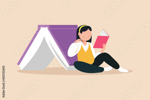 Happy student reading book at leisure time. Book lovers concept. Colored flat vector illustration.