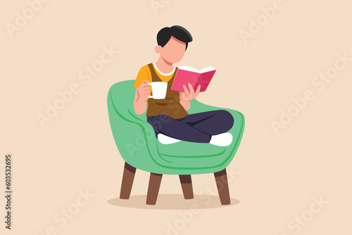 Happy student reading book at leisure time. Book lovers concept. Colored flat vector illustration.