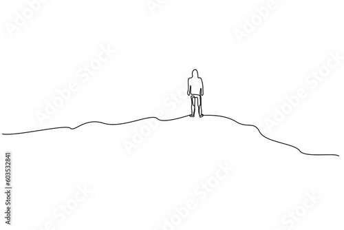 human person nature mountain peak far away hiking trekking lifestyle back behind rear line art