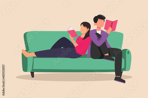 Happy couple reading books. Class it up concept. Flat vector illustration isolated.