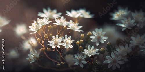 Blooming white flowers in close-up, with some of the petals obscured Generative AI photo