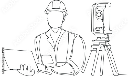 Close up of Caucasian worker with helmet on head using tablet for work while standing in warehouse. Surveyor with a tripod icon. Geodesic tripod. Vector illustration