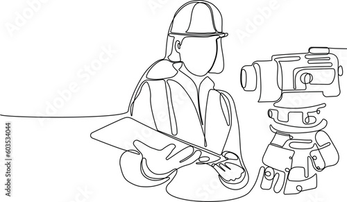 Close up of Caucasian worker with helmet on head using tablet for work while standing in warehouse. Surveyor with a tripod icon. Geodesic tripod. Vector illustration