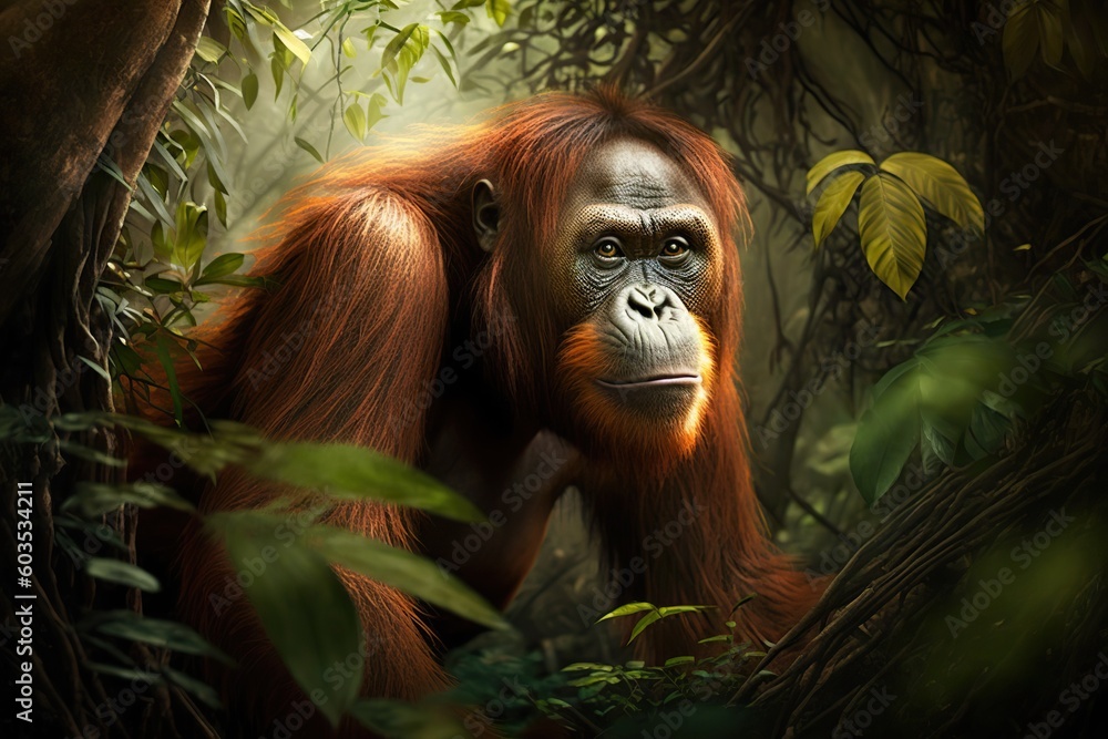 Obraz premium Illustration of an orangutan in the jungle, in freedom. . Ai generated.