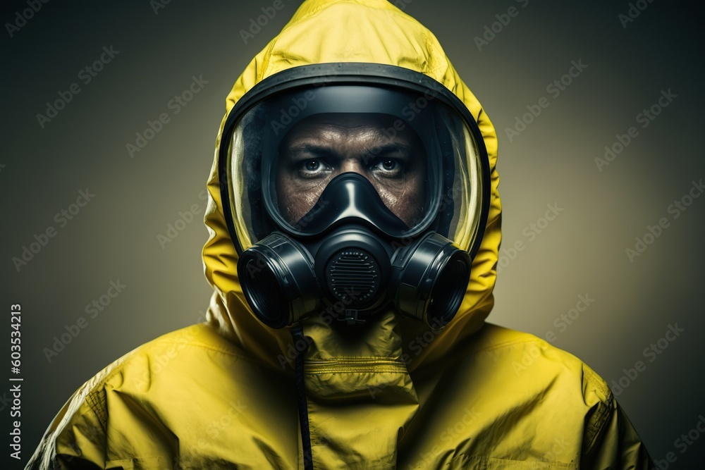 Prepared for the Unknown, A Man in a Yellow Chemical Protection Suit with Air Filtering Mask. Ai generated Prepared for the Unknown, A Man in a Yellow Chemical Protection Suit with Air Filtering Mask. Ai generated
