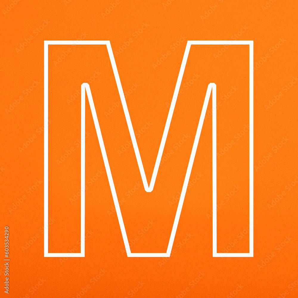 White letter M uppercase on orange foamy background White letter M uppercase on orange foamy background