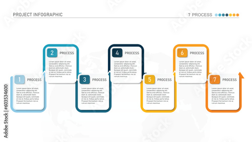 Horizontal timeline or flowchart with seven square elements and space for data. Concept of 7 successive steps of company process.