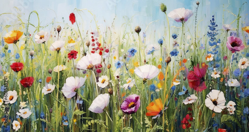 Field of flowers in oil painting style. Generative AI.