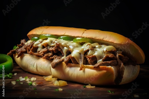 philly cheese steak sandwich with melted mozzarella on table and dark backkround photo